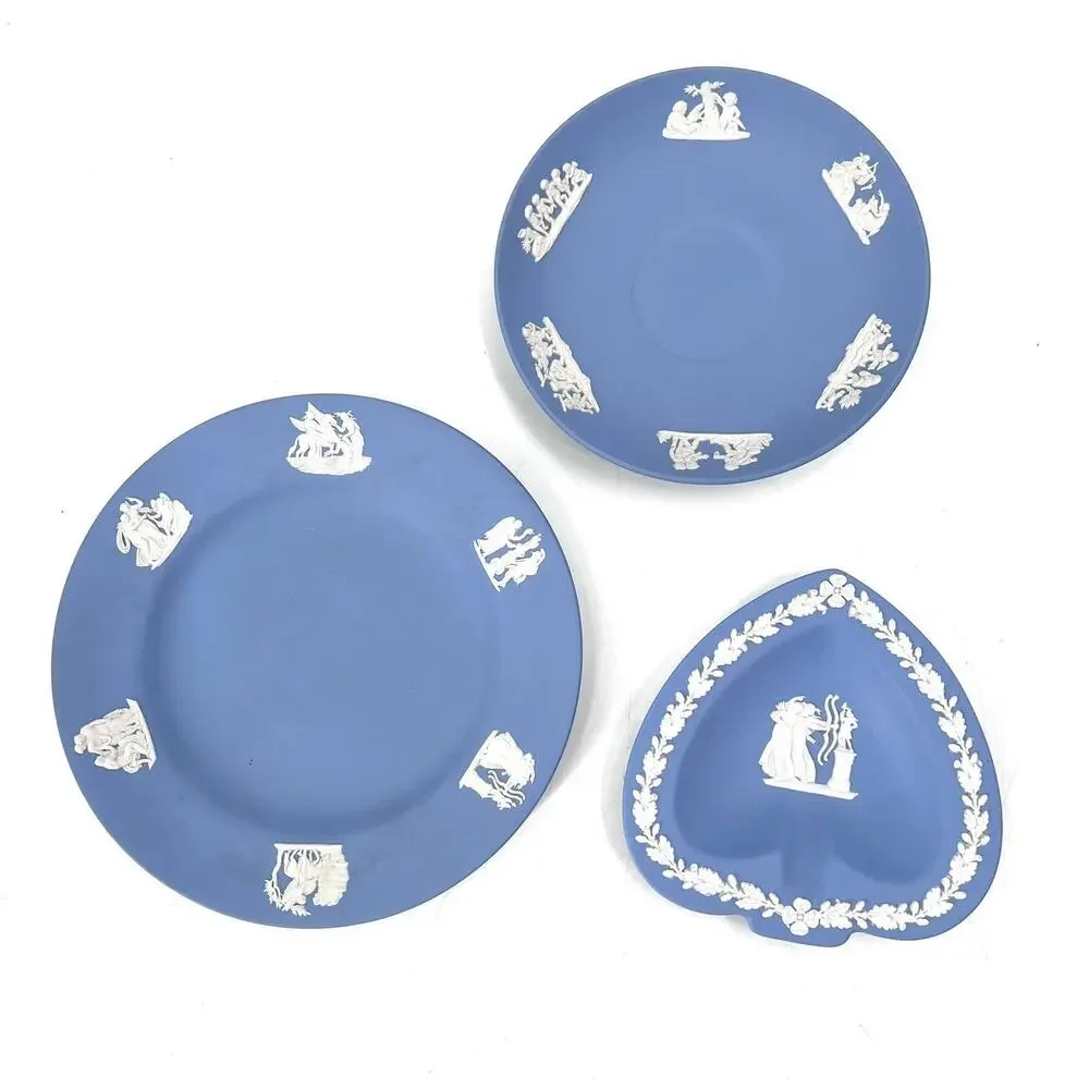 7 Pc Vintage Blue Wedgwood Jasperware Trinket Dishes Astray Plates Cup